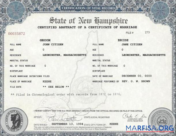 Printable USA New Hampshire marriage cert sample